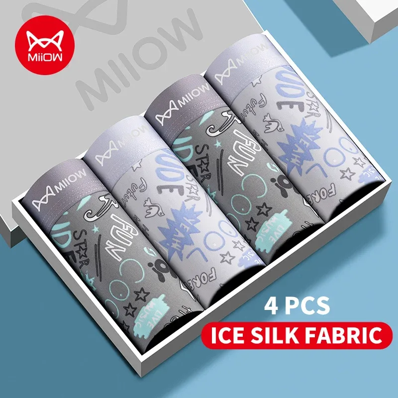 MiiOW 4Pcs Ice Silk Men Boxers 10A Antibacterial Crotch Man Panties Underpants Breathable Cartoon Print Men's Underwear Trunks