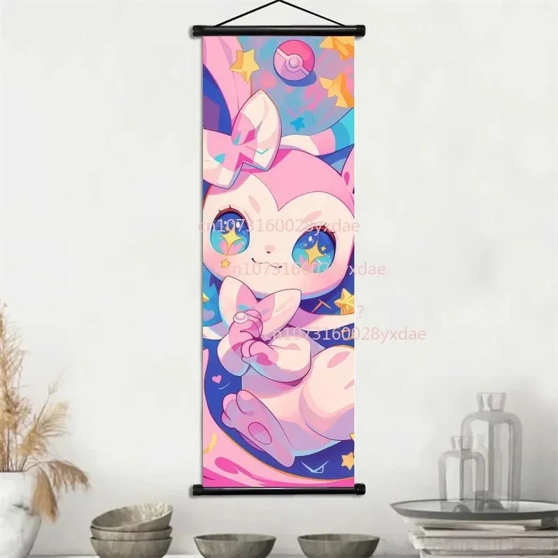 Classic Printed Pokemon Poster Cartoon Wall Artwork Gengar Squirtle Bulbasaur Pikachu Hanging Scroll Family Room Decoration