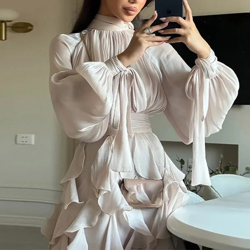Fashion High Waist Pleat Party Dress Lady Casual High Collar Layered Banquet Dress Elegant Long Sleeve Solid Color Evening Dress