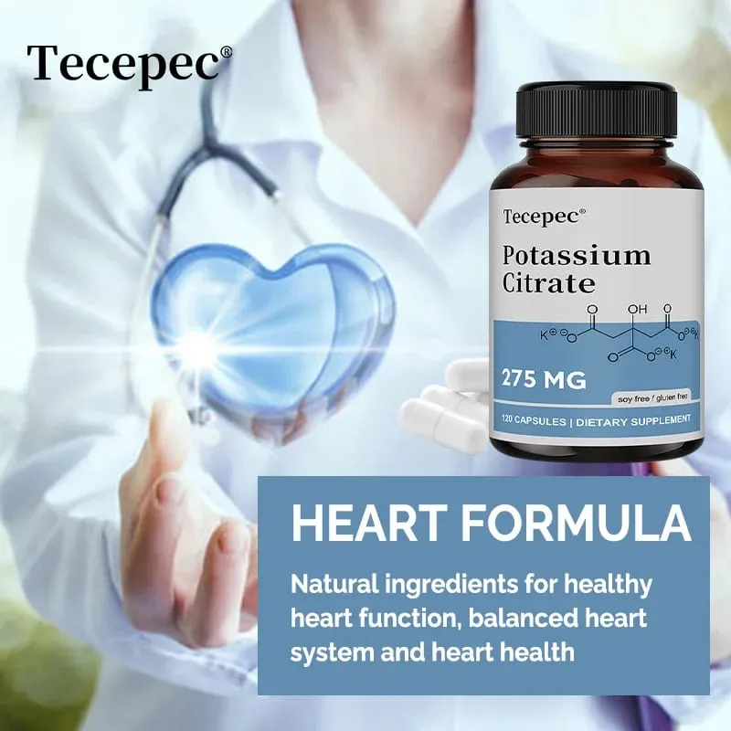 Potassium Citrate Supplement 275 Mg - 120 Capsules Non-GMO Gluten-Free for Heart Joint Bone Kidney Cell Health