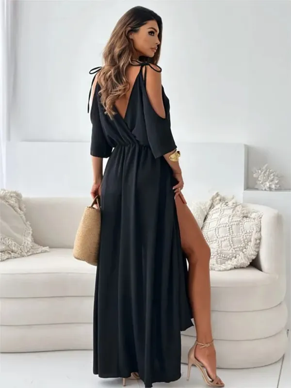 Summer V-neck Skirt Slit Dress Off-shoulder Sleeves Sexy Spaghetti Strap Dress Fashion Elegant Loose Beach Dresses Robe Femme
