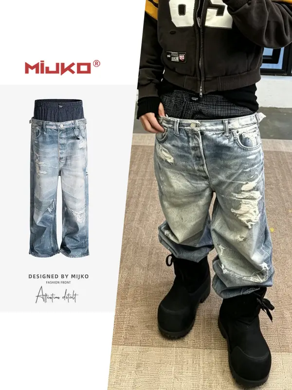 Fake Two-Piece Jean Double Waist 3D Printed Jeans ZJ164