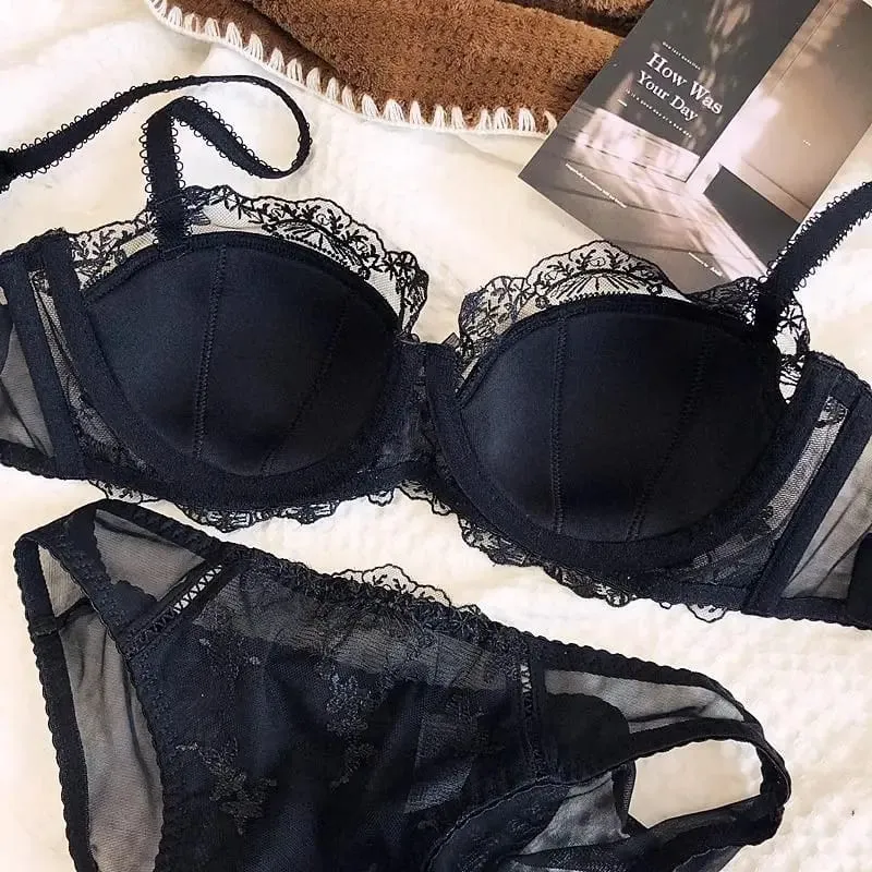 Zweiteiliges Dessous-Set aus französischer bestickter Spitze, leichter, atmungsaktiver, weicher Bügel-BH mit leichter Unterstützung für kleinere Brüste
