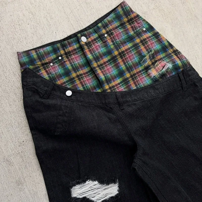 Y2k Harajuku Baggy Jeans Retro Plaid Patchwork Men And Women Wide Leg Pants American Hip Hop Streetwear Casual Jeans