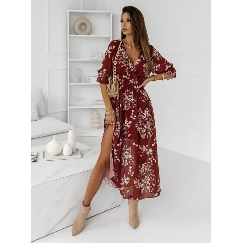 Women's V-Neck Midi Dress Chiffon Print Waist-Cinched Side-Slit Soft Polyester Fiber Comfortable Spring Summer New Style