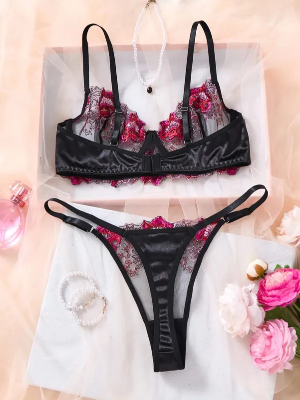 Elegant Black Floral Embroidered Lace Lingerie Set Women Push Up Bra Thong Satin Mesh Romantic Intimate Underwear ZA825146