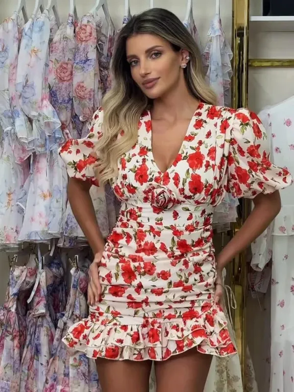 Chic Ruffle Print Slim Short Dress Women Chic Patchwork Flared sleeves V-neck Pleated Dresses 2026 Lady Summer Casual Vestidos