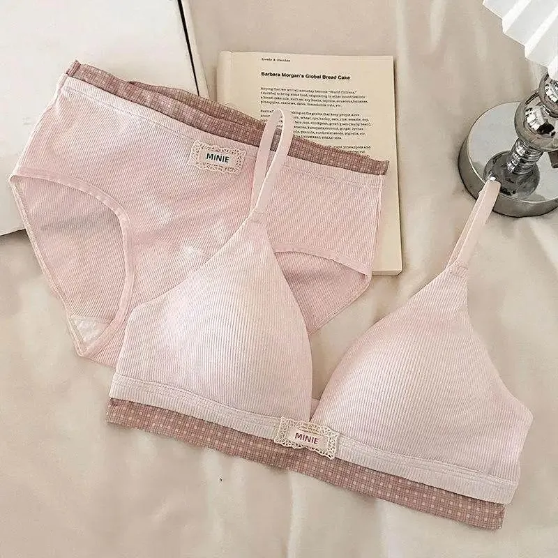 Hot Sale Summer Sweet Modal Cotton Bra Set Ladies Wirefree Support Lift Gathering Anti-Sagging Large Cup Slim Soft Daily Wear