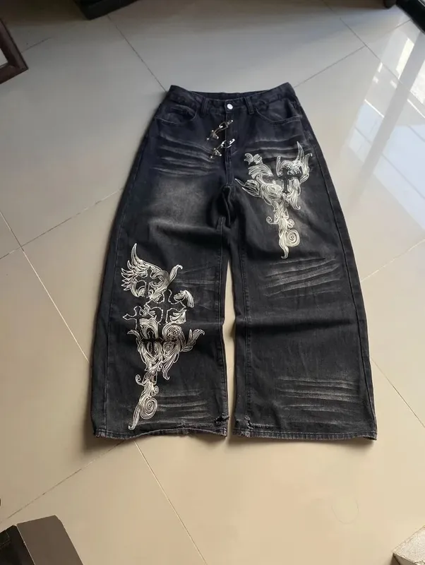 American Vintage New Pattern Printing Black Baggy Jeans Men Y2K Gothic Harajuku Hip Hop Popular Casual Joker Wide-leg Pants