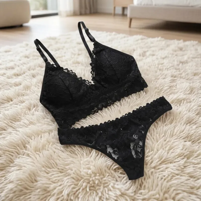 Underpants V Neck Lace Flower Bra Set Solid Color Thong Floral Panties Bra Kit Lingerie T-Back Lace Underwear Women