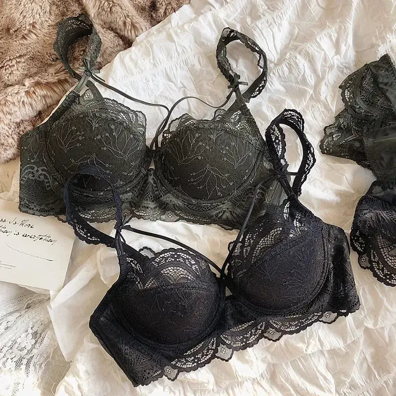 Lace ultra-thin big breasts bra with panties women sexy push up lingerie anti-sagging gathered laides underwear set