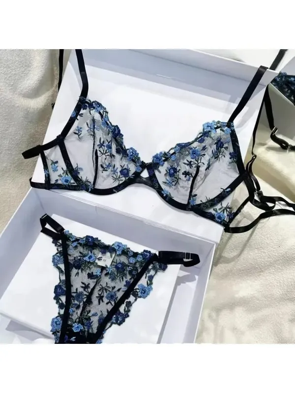 Elegant Lingerie Set-Floral Embroidery Semi-Transparent Bra & Brief Black Sensual Women's Underwear Luxury Intimates