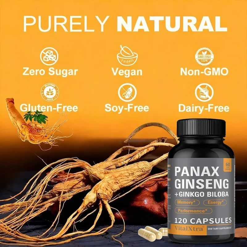 Panax Ginseng + Ginkgo Biloba 120 Vegan Capsules Supports Heart Health and Muscle Function Athletic Performance