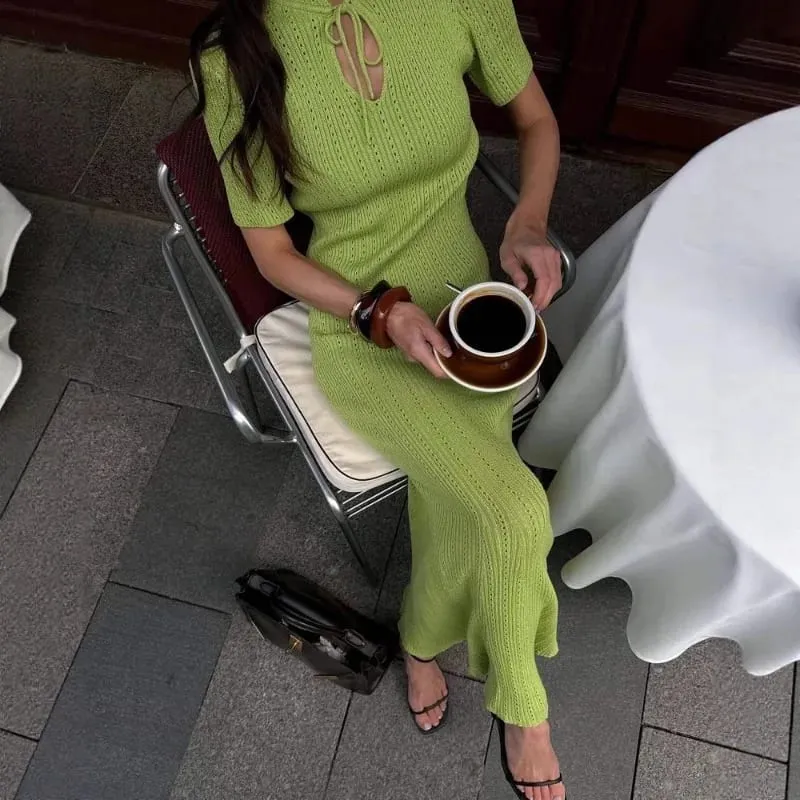 New Knitted Short Sleeve Long Length Waist Bodycon Fishtail Dress Female Hollow Out Lace Up Ribbed Patchwork Elegant Dresses