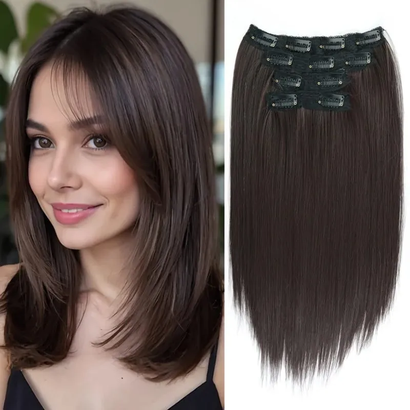 Straight Bob Clip In Hair Extensions Synthetic Highlight Clip On Hairpieces Thin Straight For Women Short Bob Daily Hairstyle