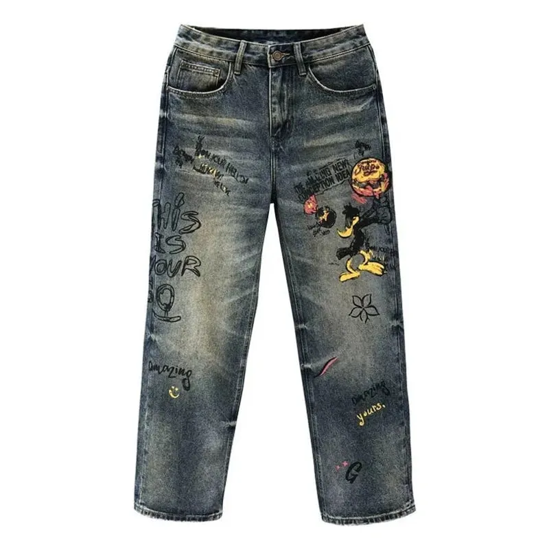 Spring and Autumn New Fashion Trend Print Straight Elastic Denim Pants for Men Casual Loose Retro Sport High-Quality Denim Jeans
