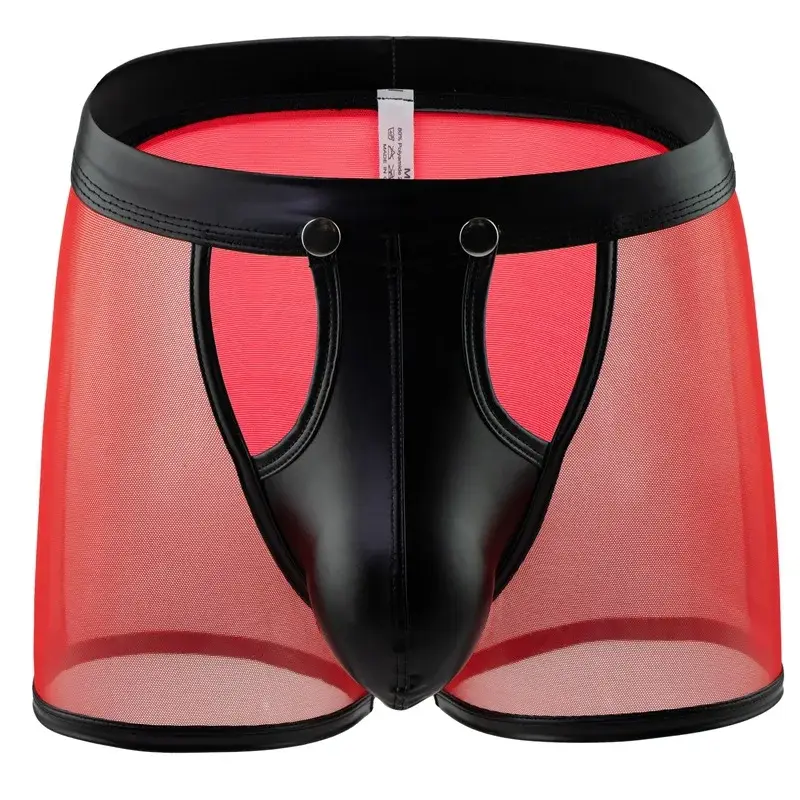 Herren Boxershorts Transparent Mesh Unterwäsche Mann Höschen Kunstleder Abnehmbare Schnalle Beutel Unterhose Cueca Calzoncillo