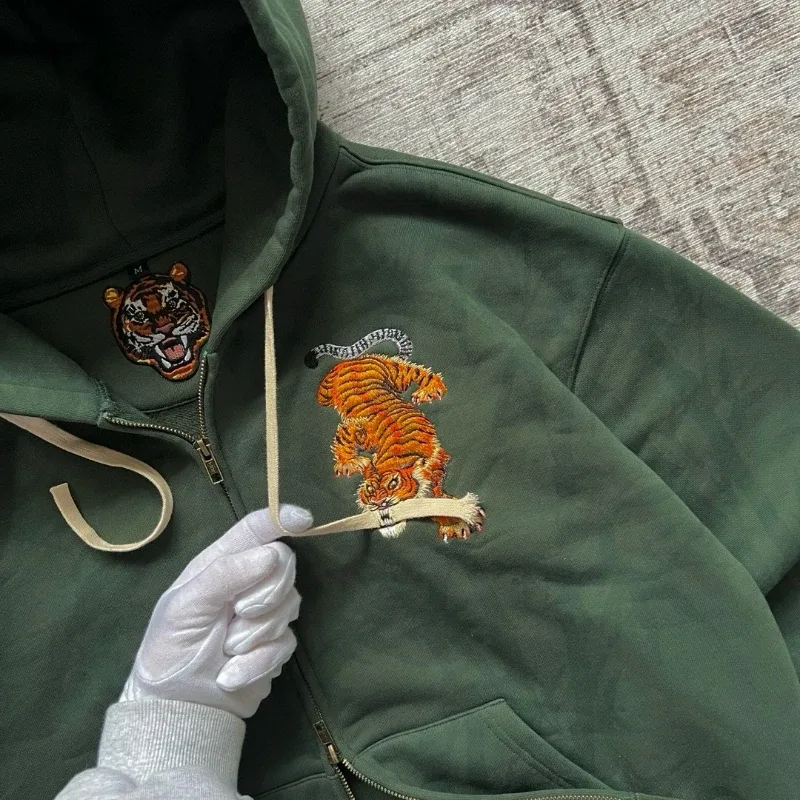 Y2K Tiger Claw Embroidery Vintage Double Zipper Loose Hoodie Sweatshirt for Men and Women Harajuku Trendy Casual Street Style