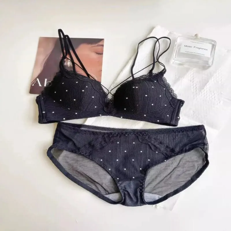 Japanese Polka Dot Underwear Set For Women Cross Back Push Up Bra Lift Support Anti Sagging Cute Fashion Petite Bust Elegance