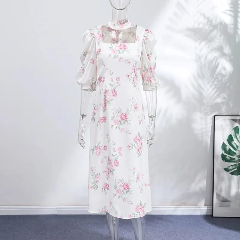 Satin Floral Print Maxi Dress Puffed Sleeve Halter Neck Waist Cinched 2026 Summer Vacation Women Vestido Fashion Chic Lady Gown