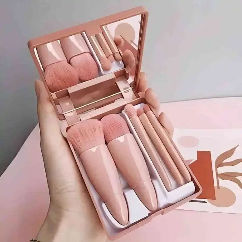 Kit di pennelli cosmetici completi per piccole funzioni, 5 pezzi, con custodia e specchio, set di pennelli per trucco da viaggio, mini pennelli per trucco