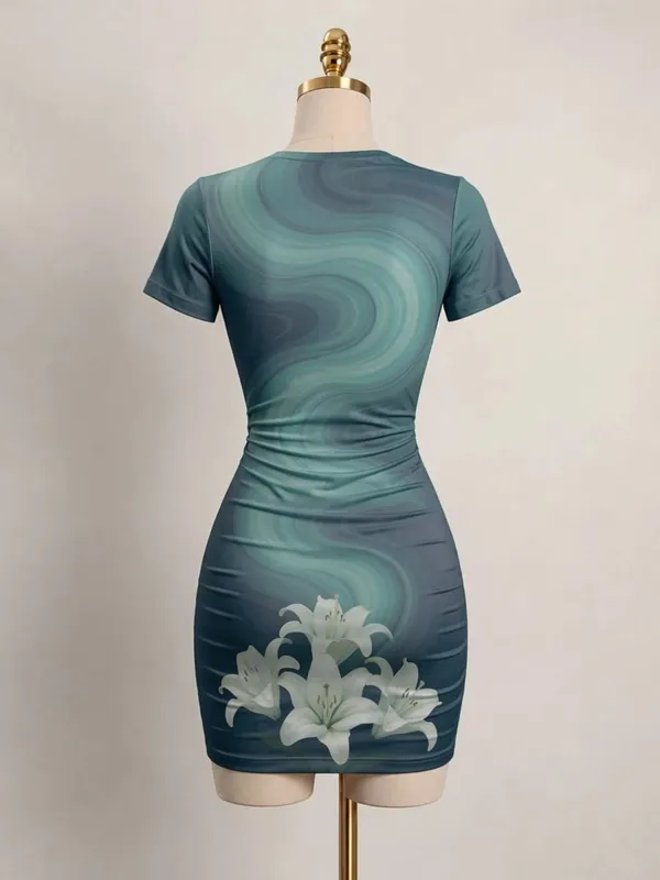 Womens Short Sleeve Bodycon Mini Dress Slim Fit Crew Neck Floral Print Casual Summer Party Cute Comfy Vacation Vacation Sundress