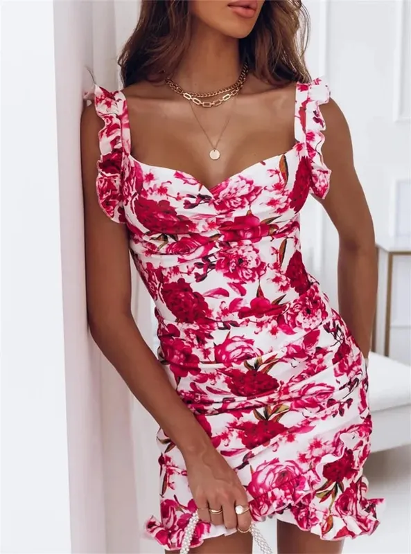 ชุดเดรสเซ็กซี่สำหรับผู้หญิง Date Night - คอวีแขนกุดนัวเนียพิมพ์ลายดอกไม้ Sundress ชุดลำลองบอดี้คอน — image 2