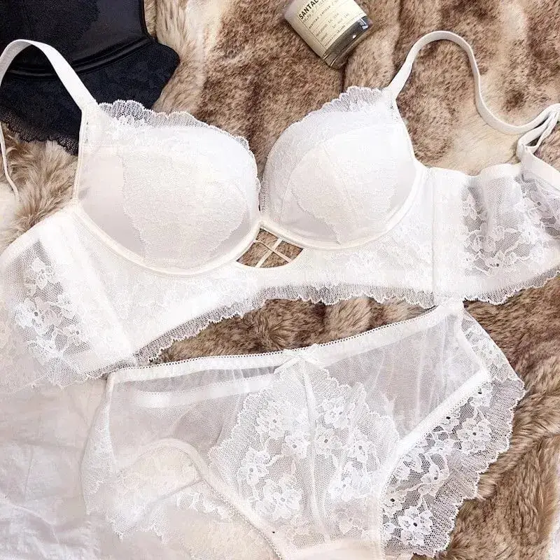 Lenceria Para Damas weiße Spitzen-BH- und Höschen-Sets für Damen, Push-Up, drahtlos, nahtloses Dessous-Set, schwarze, ausgehöhlte Unterwäsche