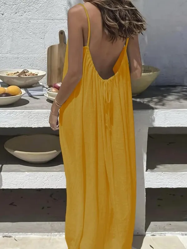Vestido cami feminino de cor sólida sem costas com tiras vestido de salão aberto nas costas comprimento maxi com ajuste relaxado confortável para casa