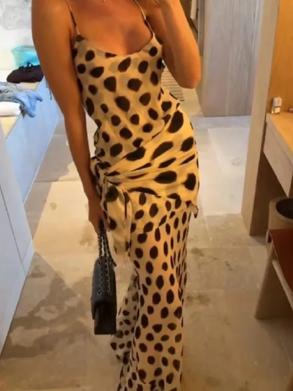 Fashion Slip Dress Animal Print V-neck Ruched Drawstring Sexy Maxi Women Dresses Beach Vacation Stylish Summer Party Outfit 2026