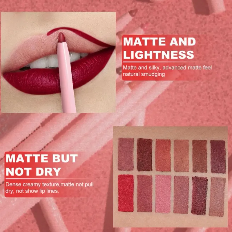 12 kleuren Matte Lip Liner Potlood Set Romige Fluwelen Lippenstift Langdurige Waterdichte Gladde Hoog Gepigmenteerde Lip Make-Up voor Vrouwen