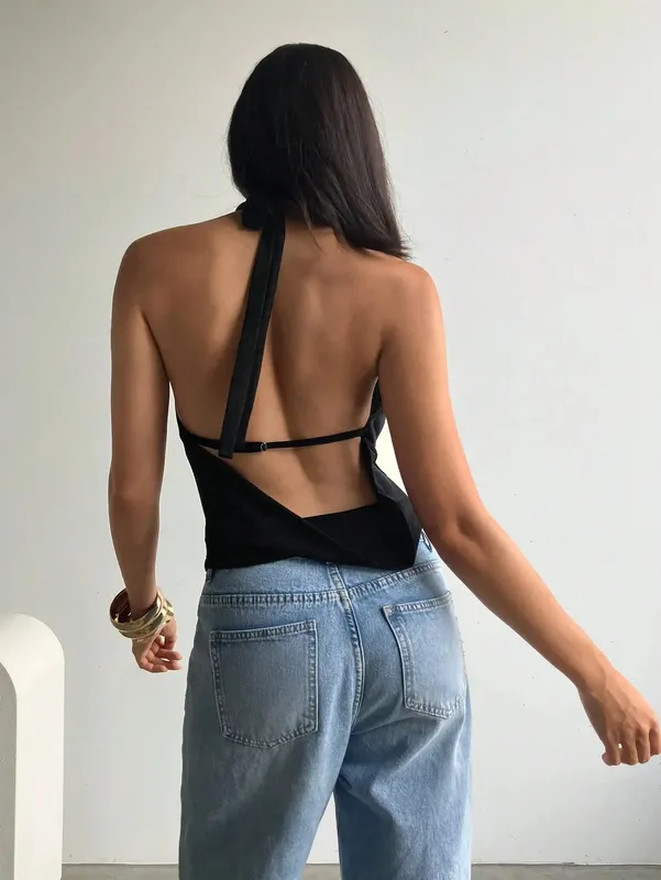Women Halter Cowl Neck Deep Draped V Neck Sleeveless Slim Fit Cropped Cami Top 2026 Summer Solid Black Elegant Going Out Casual