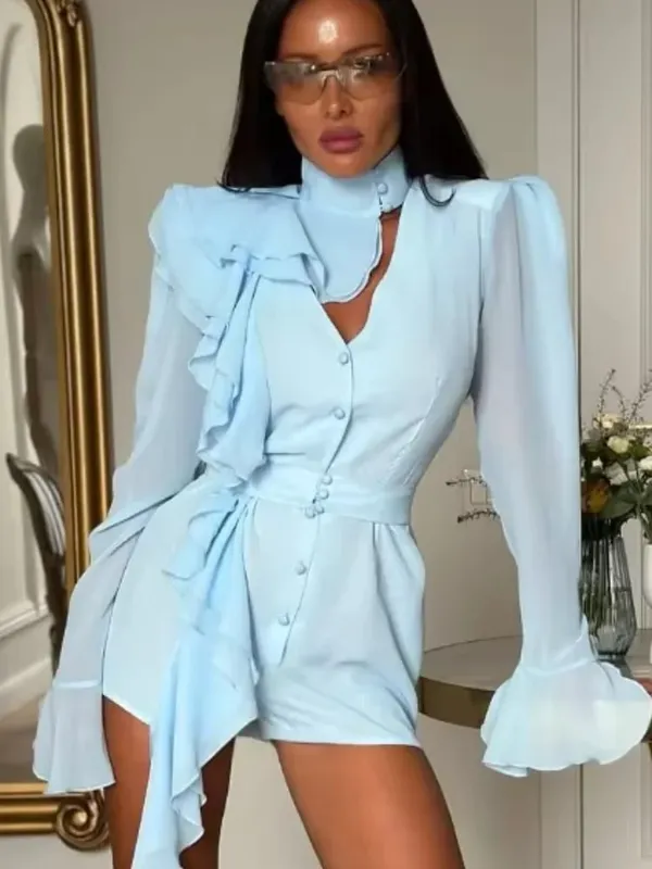 2026 Light Blue Ruffled Chiffon Dress V-neck Puff Long Sleeve Flutter Waist-cinching Mini Dresses Date Vacation Fashion Vestido