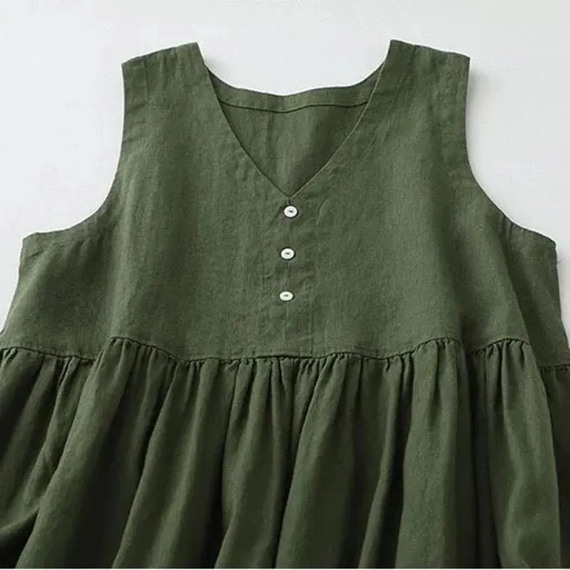 Women's V-Neck Sleeveless Cotton Linen Dress Casual Loose Japanese-style Dress Solid Color for Ladies 2026 Summer Spring Dresses
