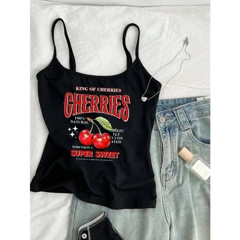 Women's Casual Cherry Print Black Cropped Camisole Top Summer Back To School Women Clothes Tank Top Women Gothic
