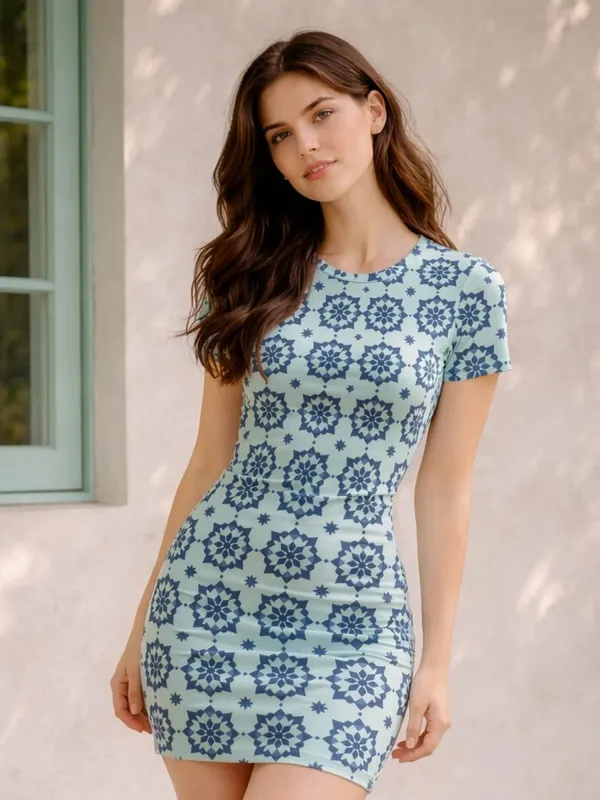 Womens Short Sleeve Bodycon Mini Dress Slim Fit Crew Neck Floral Print Casual Summer Party Slimming Flattering Vacation Sundress