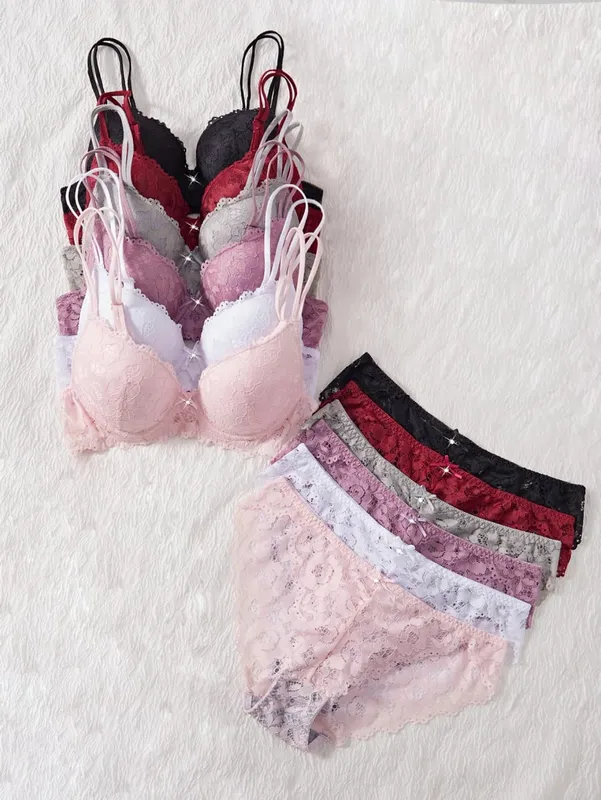 6-Piece Set Women's Underwear Set Sexy Patterned Lace Patchwork No Lining Comfortable Fitting Women's Push-Up Bra Sexy Lingerie