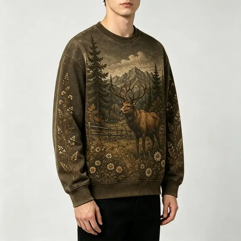 Wilderness Wildlife Print Crew Neck Sweatshirt Men Outdoor Vintage All Over Print Pullover Unisex Casual Street Long-sleeved Top