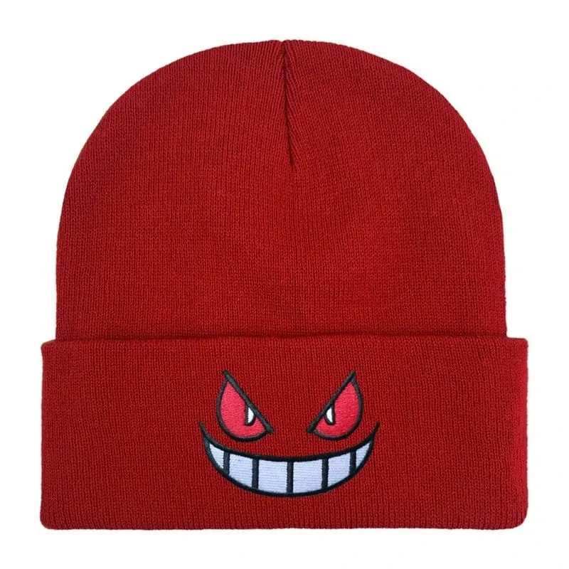 Pokemon Gengar Kartun Bordir Beanies Rajutan Skullies Musim Gugur Musim Dingin Topi Wol Hangat Gengar Wanita Pria Beanies