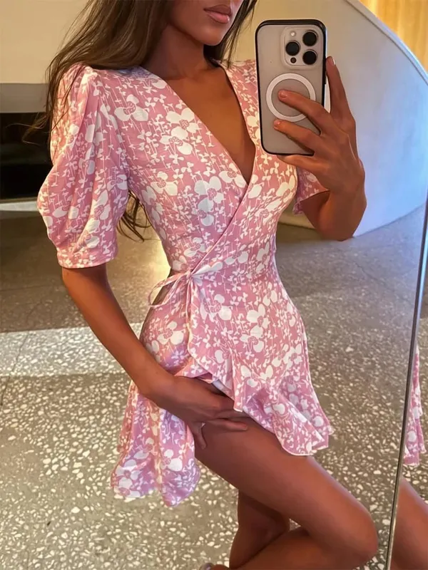 Chic Printed Slim Fit Mini Dress Women Elegant V-neck Puff Short Sleeves Waist Cinching Dresses 2026 Summer Lady Party Robes New