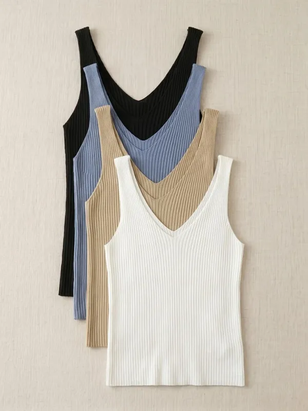 2026 Summer Fashion Women Camisole Ice Silk Knit Tank Top Slim Fit Sleeveless Base Tank Top Solid Color V-Neck Cami