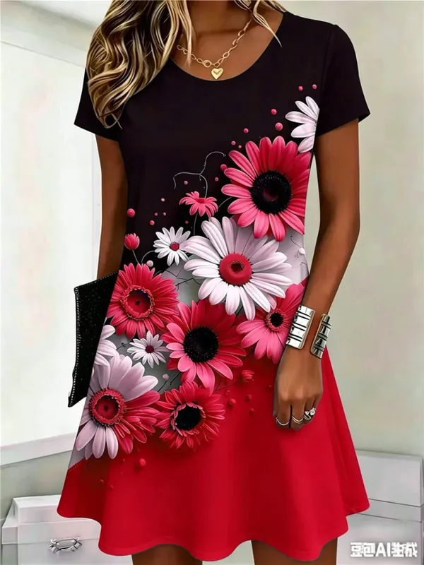 Fashion Street Floral Pattern Women Mini Dresses Summer Short Sleeve 3D Flower Printed Ladies Dress O-Neck Loose Casaul Dress