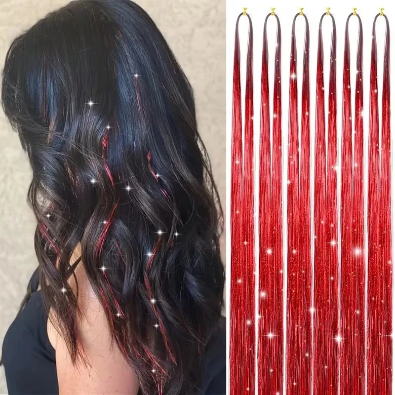38Inch Tinsel Hair Extensions 6Pcs Sparkling Glitter Hair Synthetic Shiny Hair Accessories for Women Girls Party Cosplay