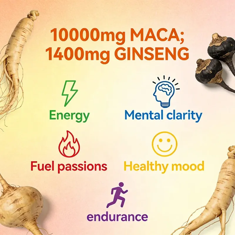 Maca Root Capsules 10000mg with Ginseng Energy Muscle Mood Energy Strength & Men's Health Support Relieve Fatigue
