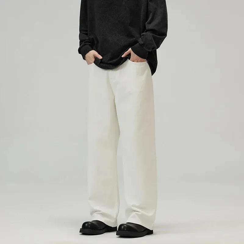 100％ Cotton Men's Baggy Straight Jeans Comfortable Soft Casual Pants Fashion Korean White Brown Denim Trousers Male Clothing