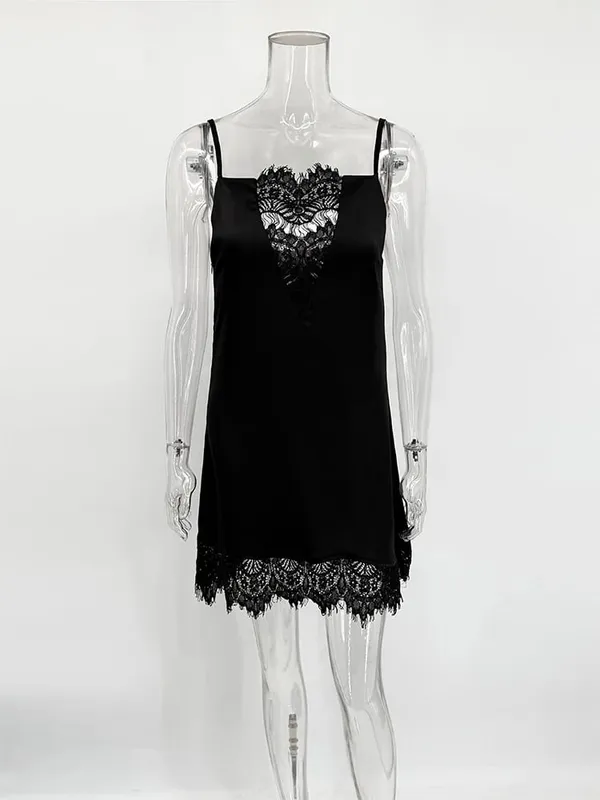 Trendix Black Lace Slip Dress Women exy Hollow Out Sleeveless Short Dresses Party Club Ruffle Loose Elegant Backless Mini Dress
