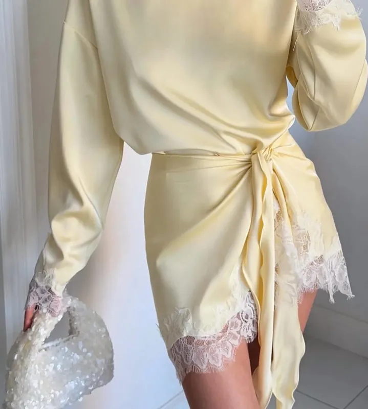 Casual Satin Lace Patchwork Dress Women Long Sleeve O-neck 2026 Spring Female Dresses Casual Solid Beach Robe not contain pearls