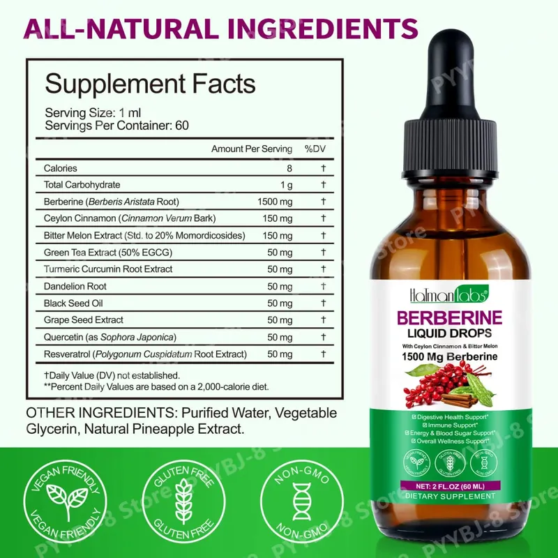 Holmanlabs Berberine Liquid Drops with Ceylon Cinnamon and Bitter Melon Digestive Health Support 1500 Mg Vegan Non-GMO 60 ML