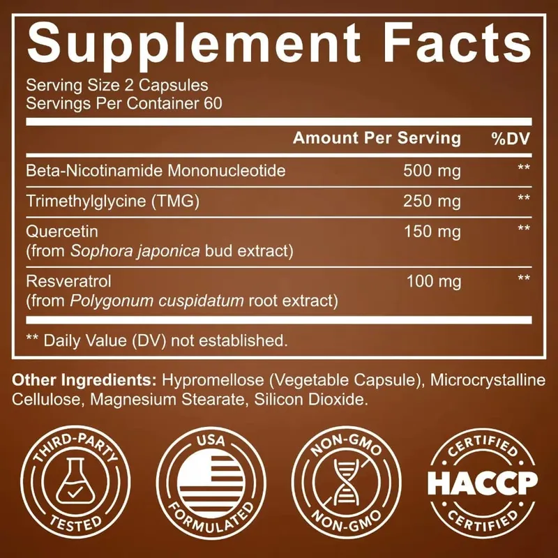 NMN Capsules 1000mg Beta Nicotinamide Mononucleotide TMG Quercetin Resveratrol NAD+ Metabolism Mitochondrial Function 120 Count
