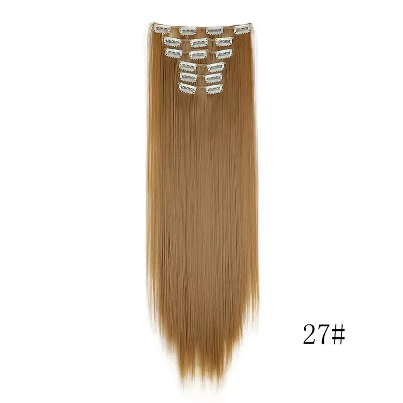 24 Inches Long Synthetic Hairpieces for Women 6Pcs Medium Brown Blonde Highlights Clip In Natural Thick DIY Styling Fiber Hair